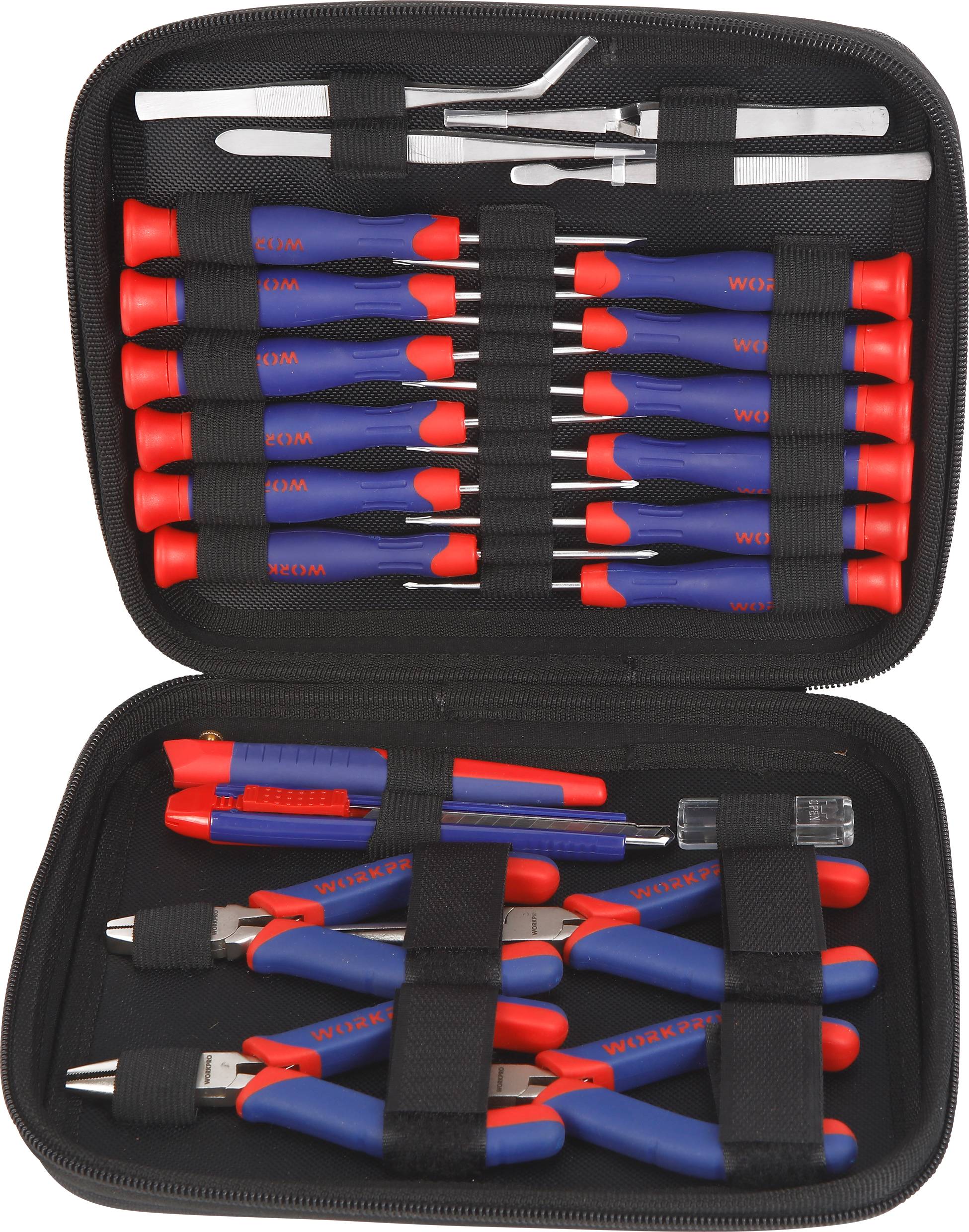 Screwdriver set in a black case with red and blue handles. Contains various tools, arranged in elastic holders.