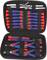 Screwdriver set in a black case with red and blue handles. Contains various tools, arranged in elastic holders.