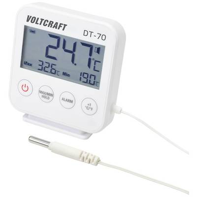 Digital thermometer with cable sensor shows '24.7°C', maximum temperature '32.6°C', minimum '19.0°C', buttons for settings.