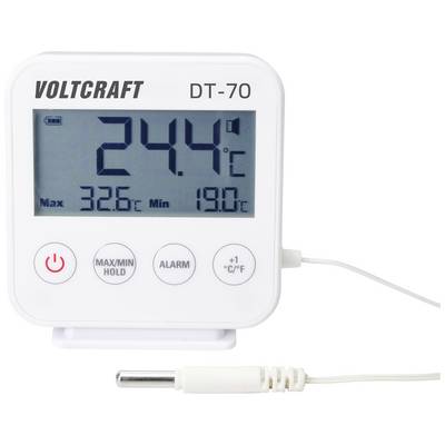 Digital thermometer shows 24.4 degrees Celsius. Buttons below: 'Max/Min/Hold', '+1°C/°F', 'Alarm'. External sensor connected.