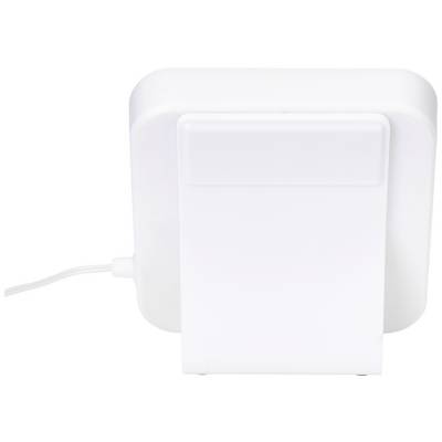 A white square device with rounded corners and a cable on the left side. It has a protruding mounting bracket on the back.