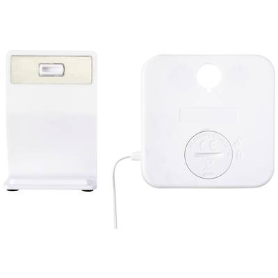 Two white devices: On the left, a holder, and on the right, a square device with a cable connection and battery cover.