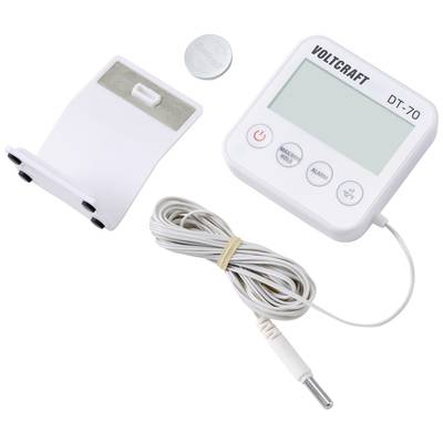 Digital thermometer with LCD display, cable sensor, stand and button cell, marked as 'Voltcraft DT-70'.