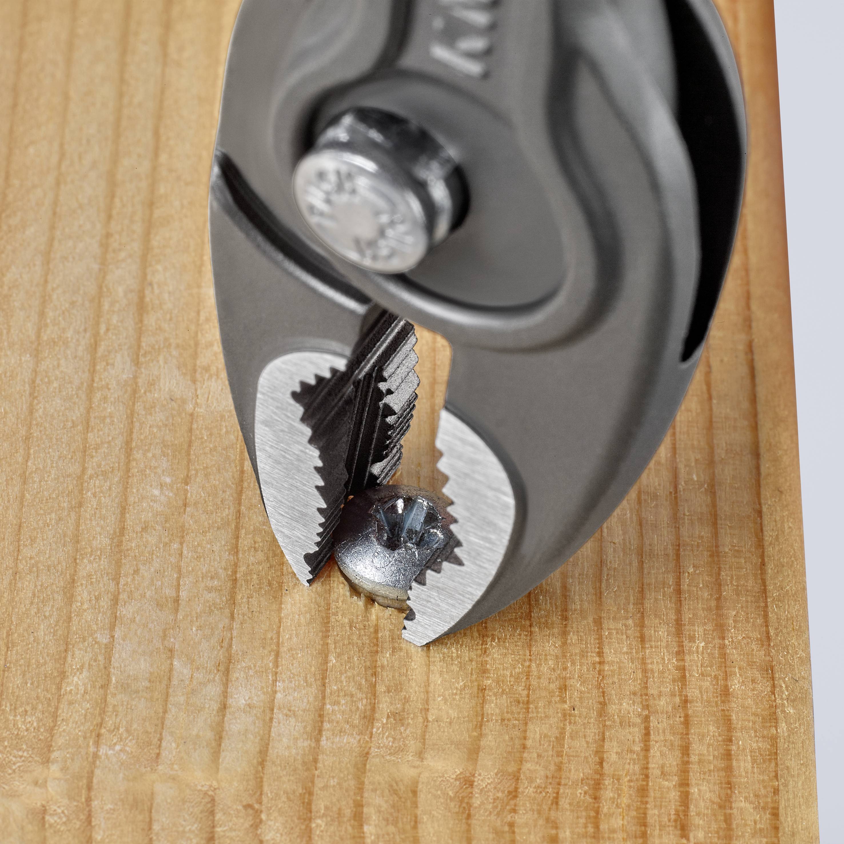 A pair of pliers holds a screw tightly fixed into a wooden board.