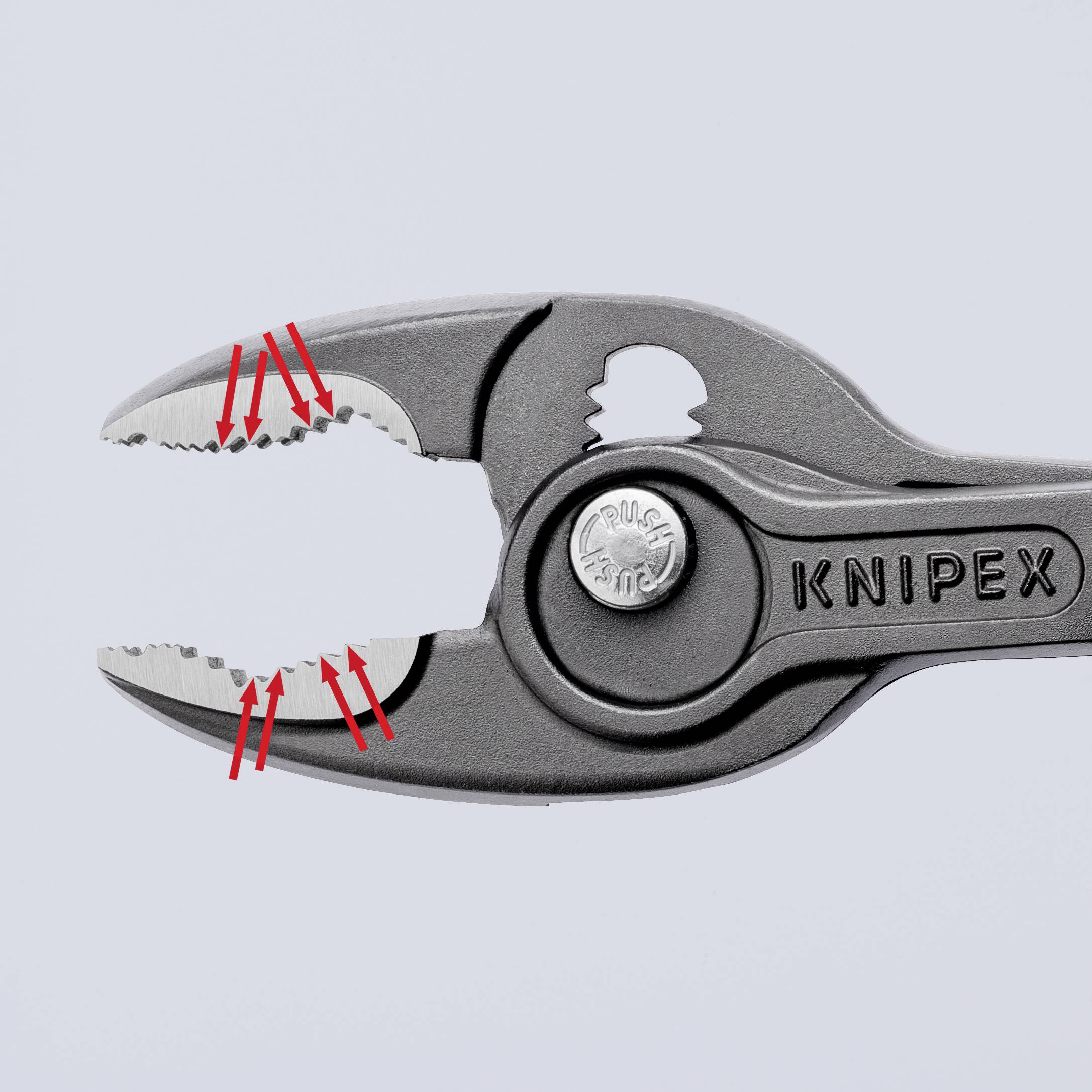 Stainless steel pliers with serrated jaws and red markings on the teeth showing grip area. Suitable for pipes, nuts, and bolts.