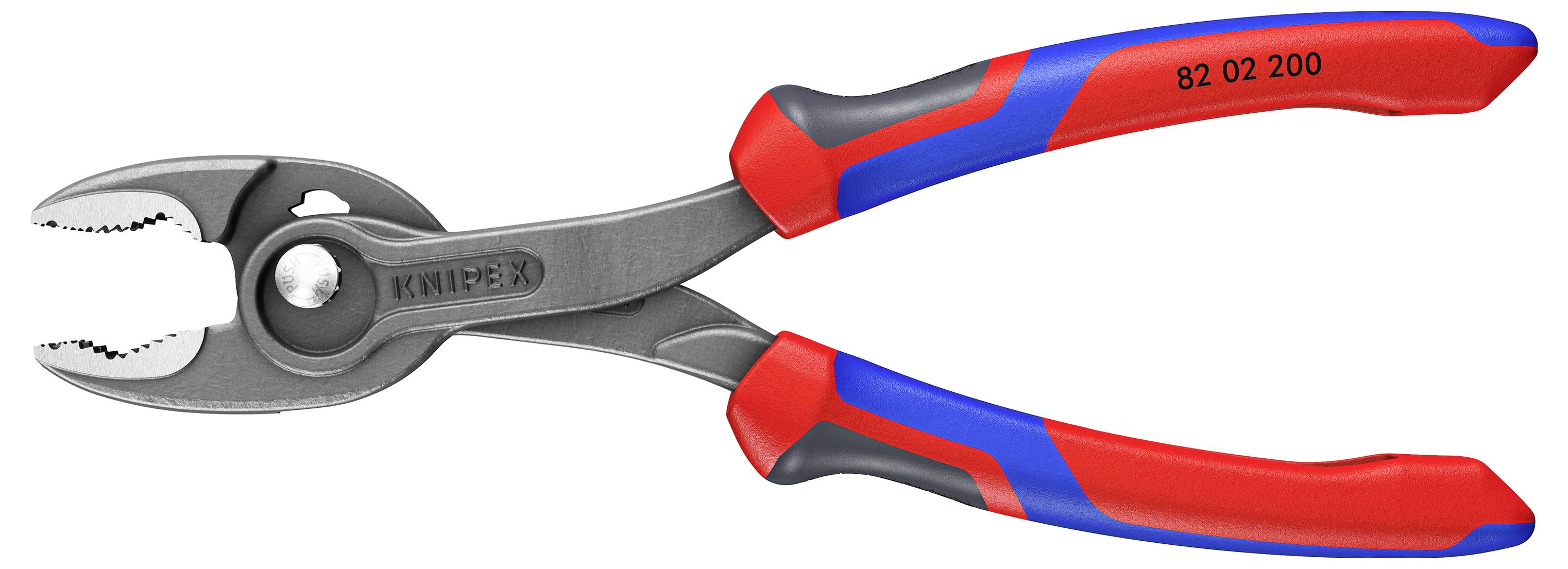 A red and blue adjustable pliers with adjustable jaws. It has ergonomic handles for better grip. Ideal for versatile plumbing work.