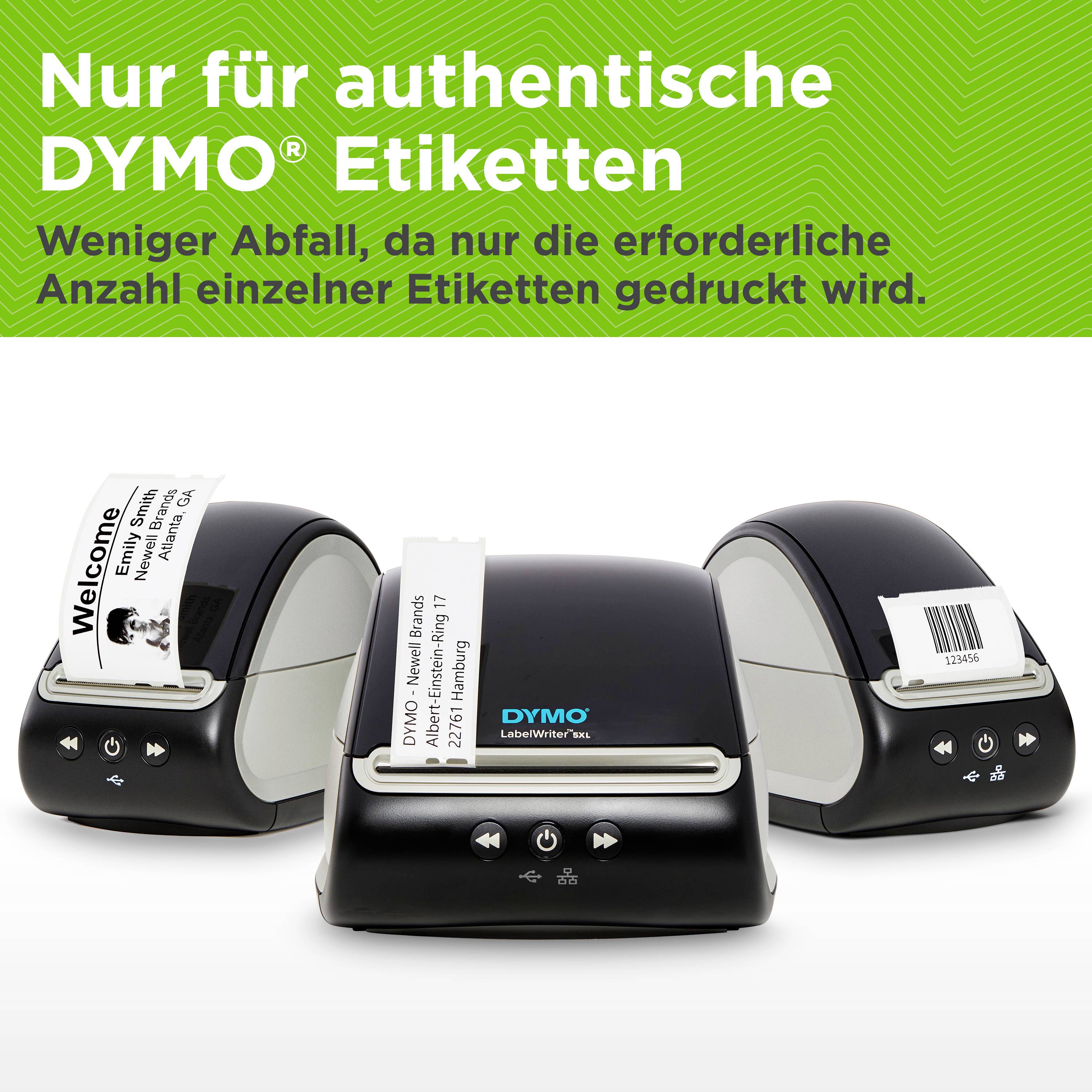 'Three DYMO LabelWriter printers with printed labels. Text: Only for authentic DYMO labels. Less waste as only the required number are printed.'