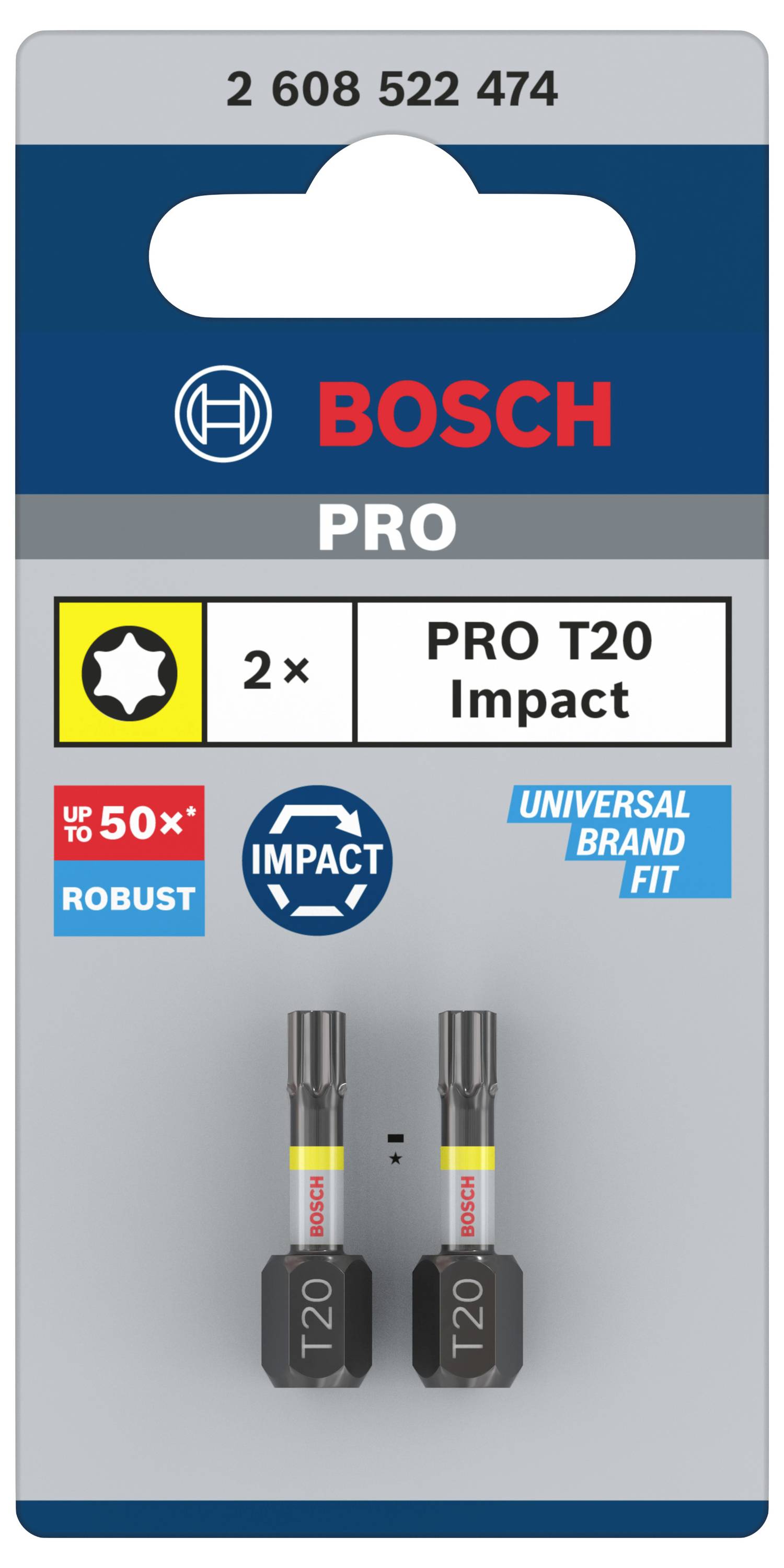 Packaging for Bosch PRO T20 Impact Bits. Contains 2 bits. Labeled with 'Up to 50% robust'. Suitable for universal brands.
