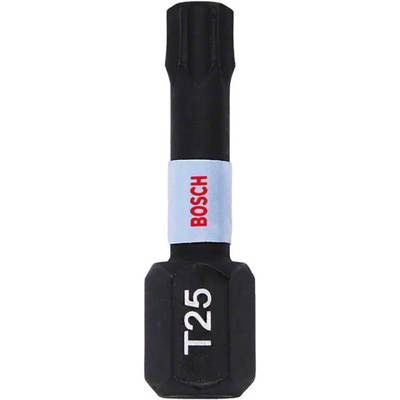 Black Bosch T25 screwdriver bit with a cylindrical shaft featuring a red logo on a blue background.