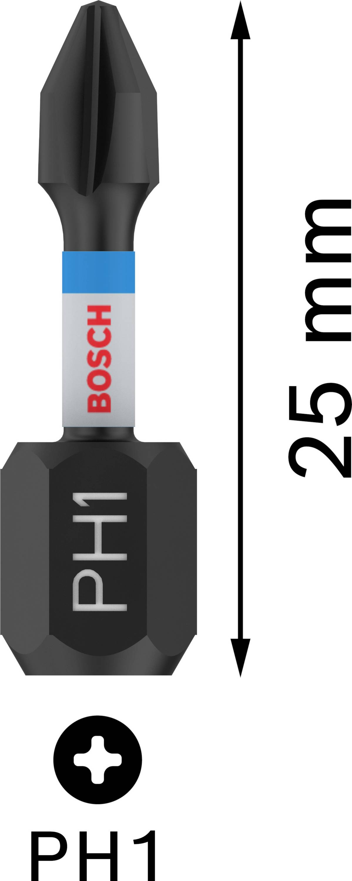 'Bosch PH1' screwdriver bit, 25 mm long, with Phillips head profile.