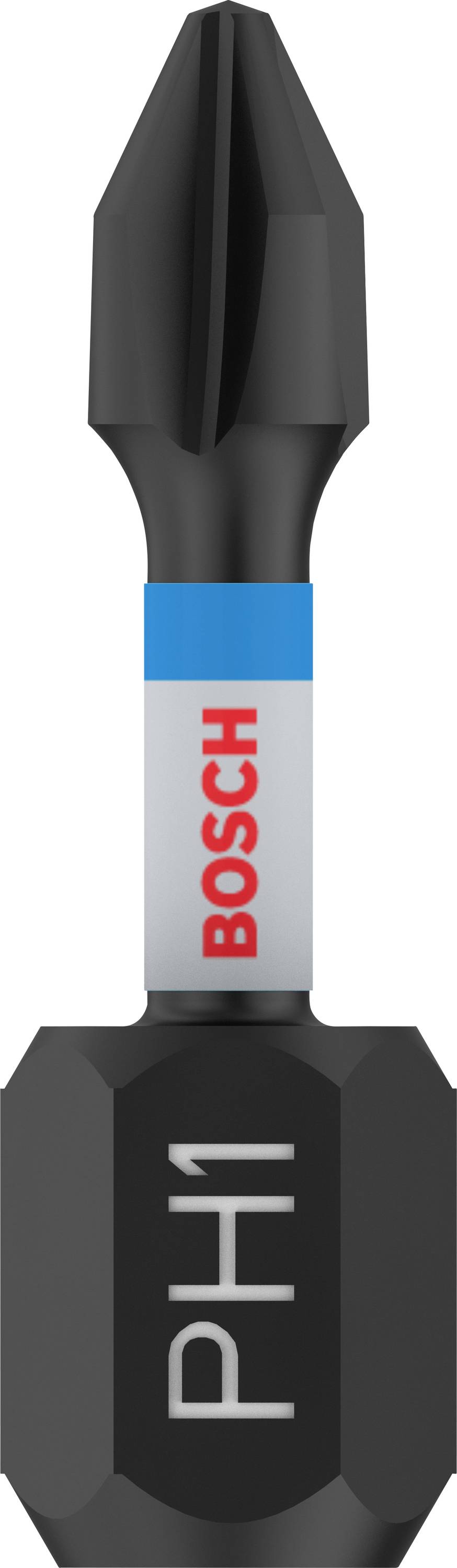'Bosch PH1 Screwdriver Bit in Black, with Blue Ring and Red Bosch Logo.'