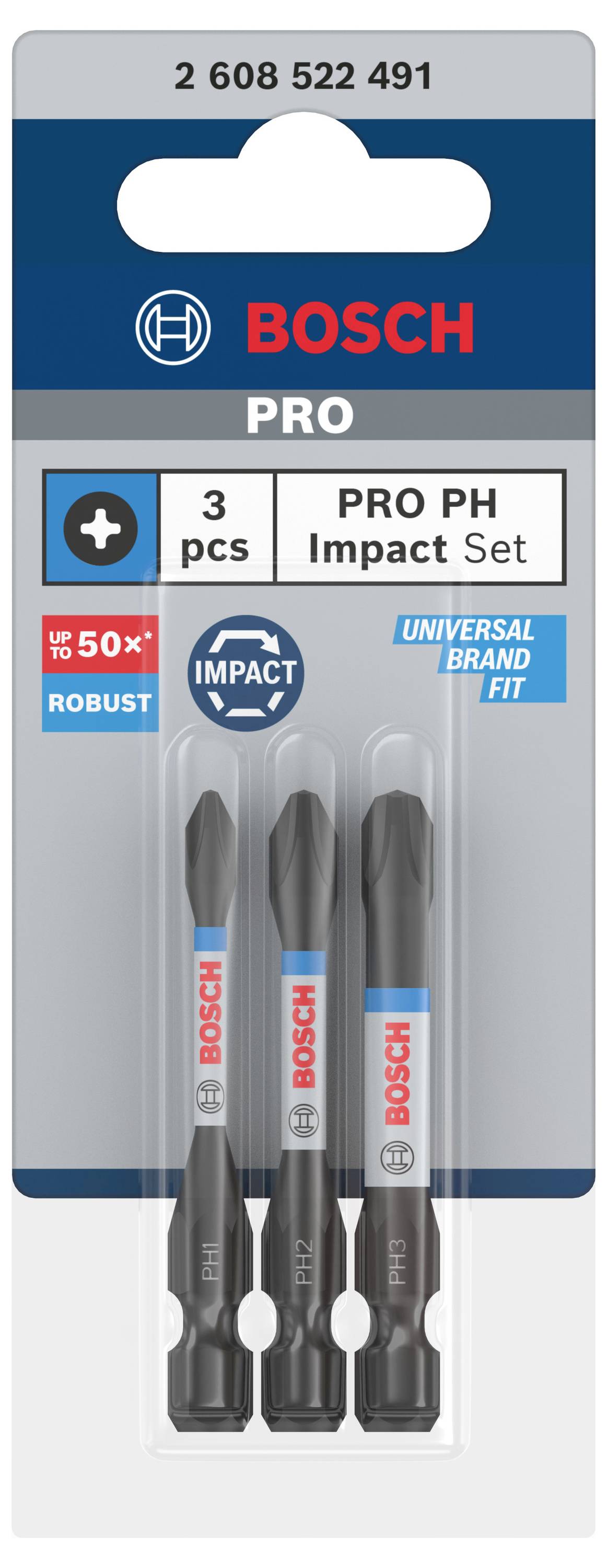 Package with three Bosch PRO PH screwdriver bits, suitable for universal brands, robust and designed for high performance.