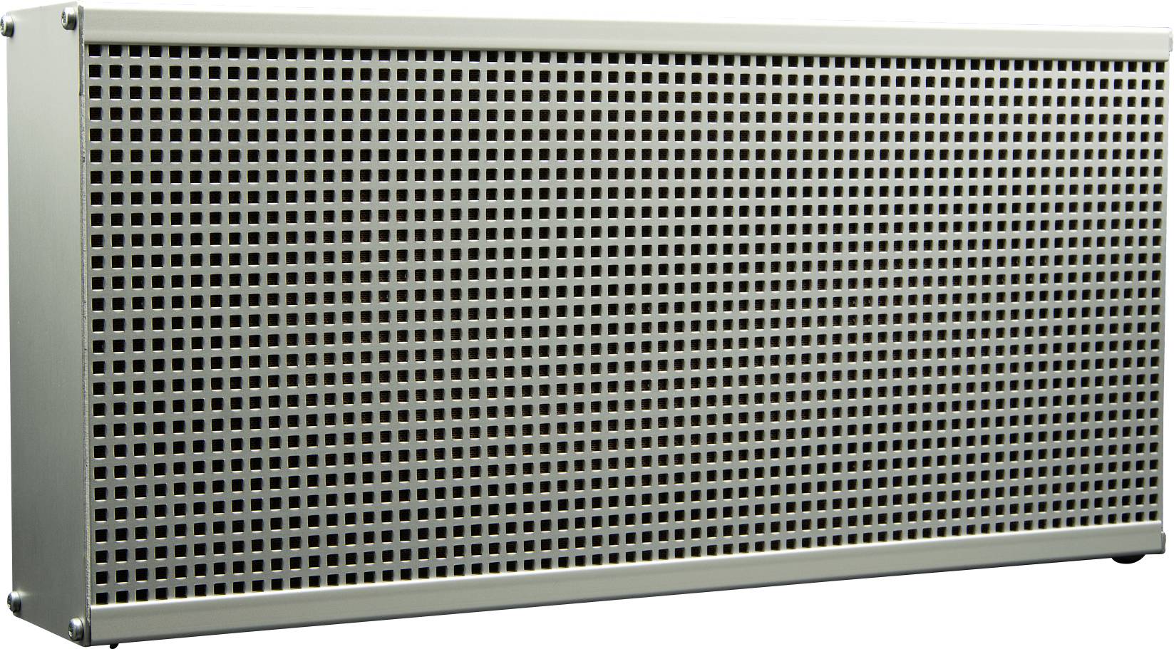 A rectangular metal radiator with a lattice pattern, wall-mountable. It is used for heating indoor spaces.