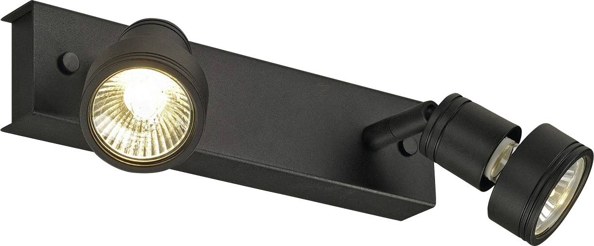 Black matte wall light with two adjustable spotlights, one of them illuminated. Modern design for targeted lighting.