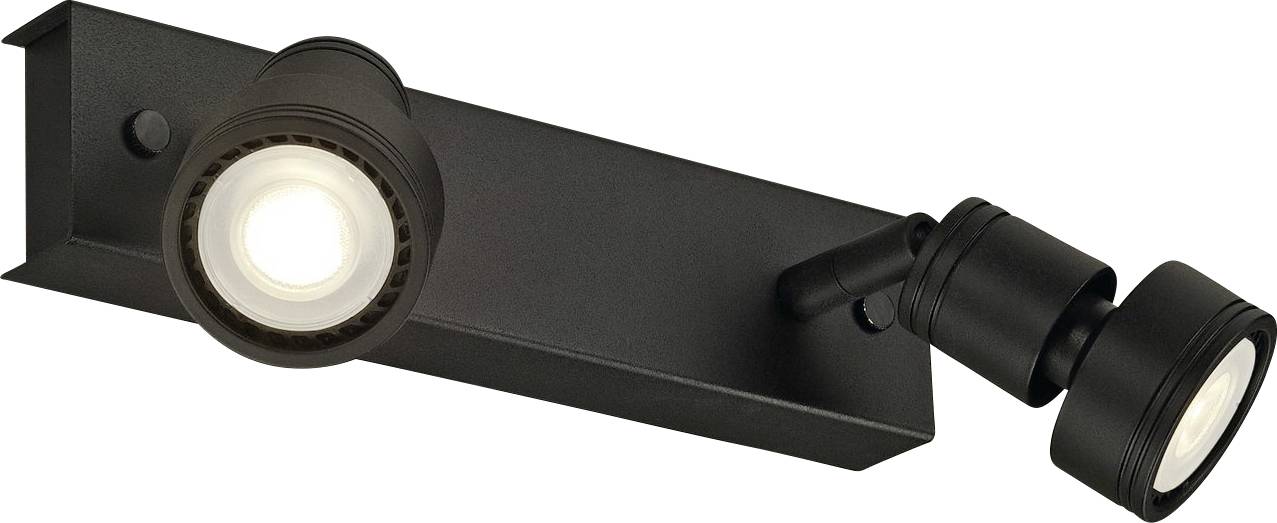 Black LED spotlight with two adjustable lights on a rectangular mounting bracket, suitable for directional lighting.