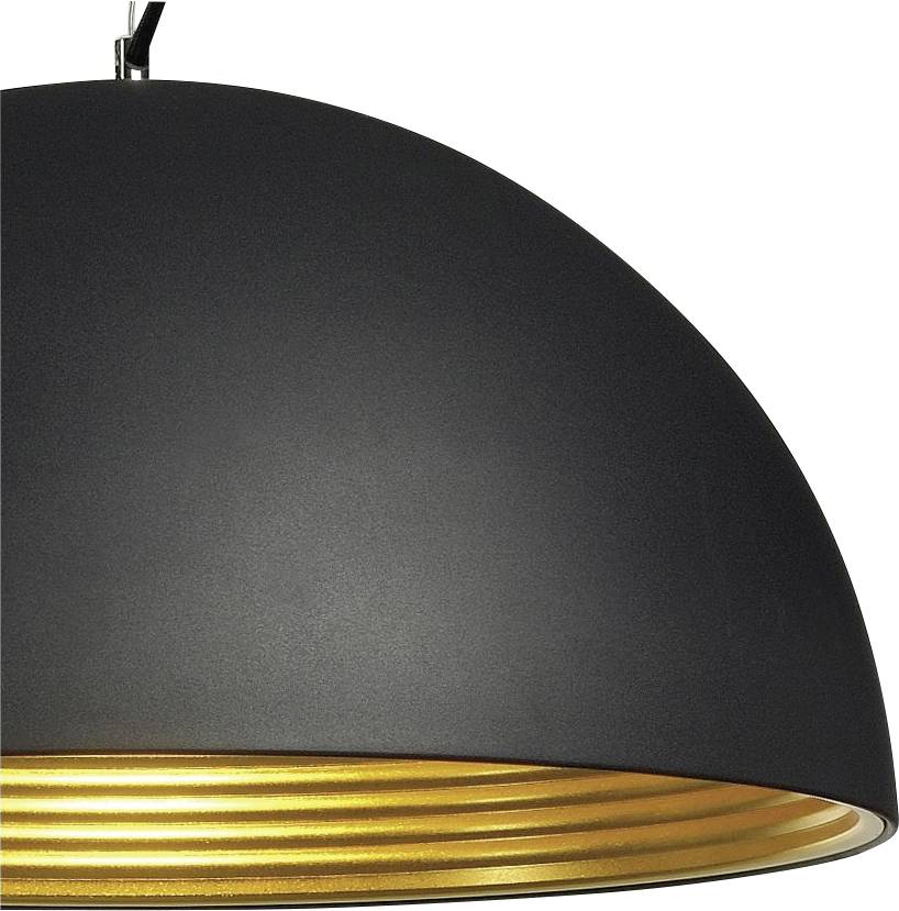 Half-spherical black pendant light with a golden inner shade, featuring modern design, hanging from a ceiling.