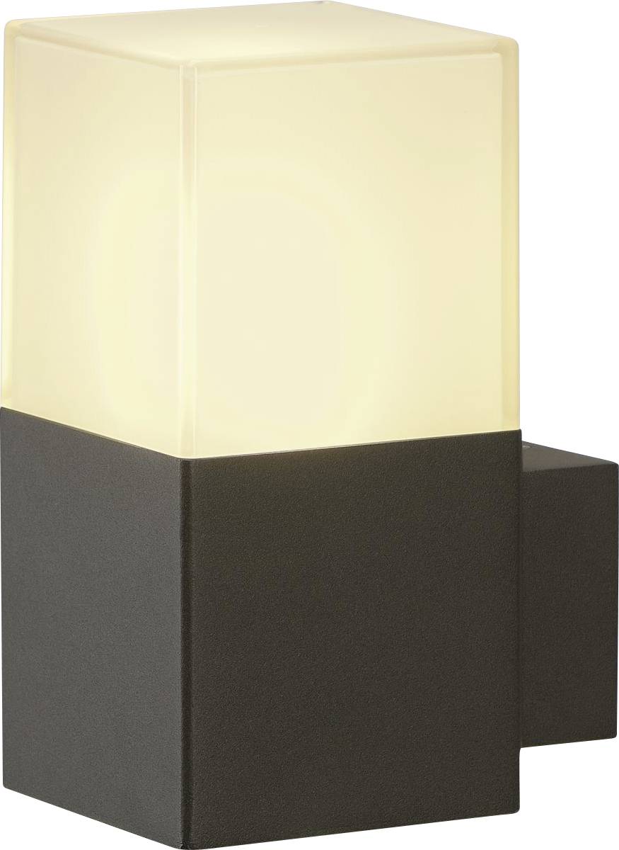 Wall light with a rectangular black base and a square, illuminated glass shade, for modern exterior lighting.