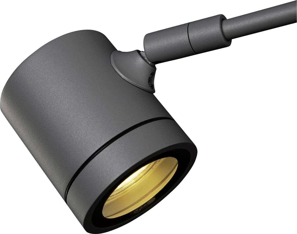 Grey, cylindrical spotlight with adjustable arm and warm yellow beam, suitable for directional lighting.