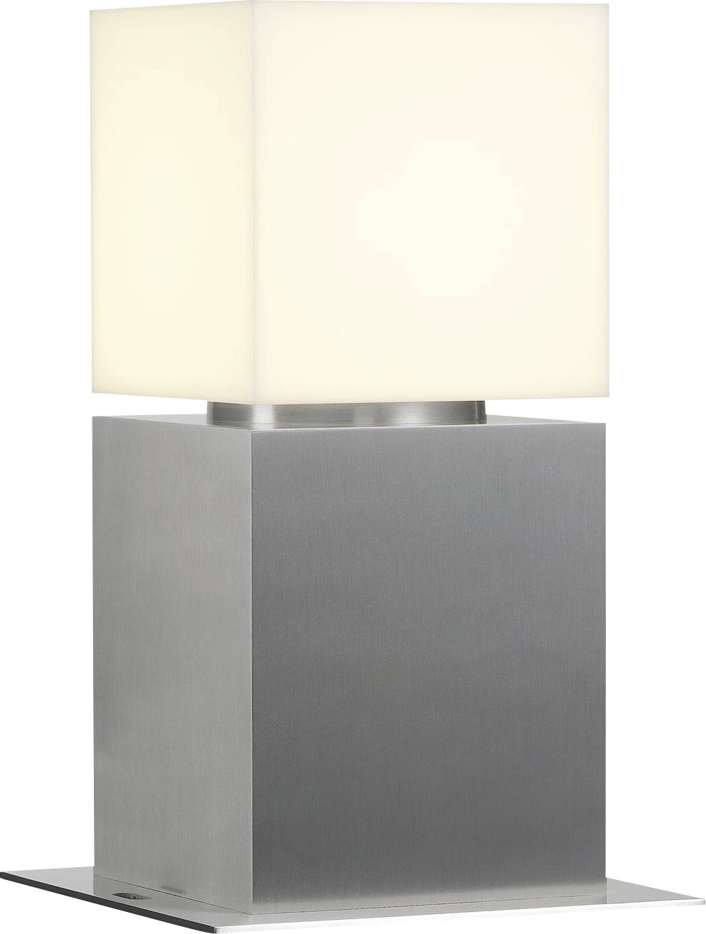 A table lamp with a square, white-illuminating lampshade mounted on a silver, rectangular base.