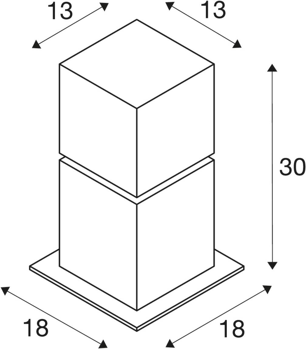 Isometric drawing of a double-layered square prism, upper layer 13x13 cm, lower layer 18x18 cm, total height 30 cm.