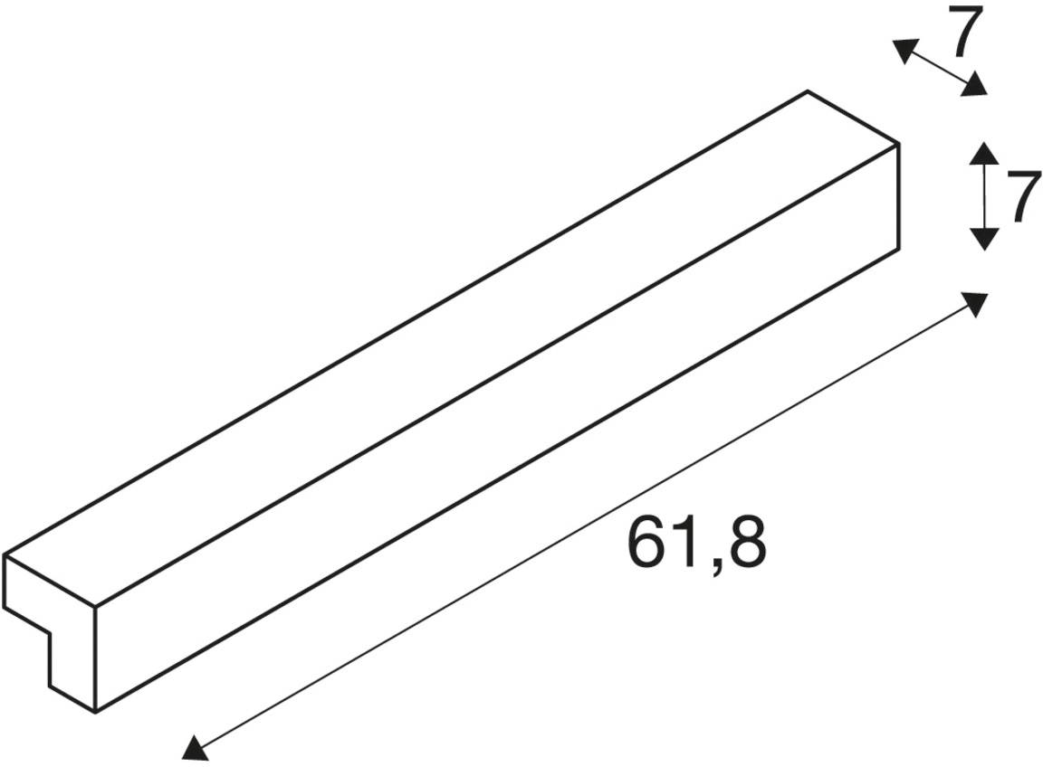 Diagram of a rectangular 3D block with dimensions: length 61.8 and width and height each 7. All measurements are in the same unit.
