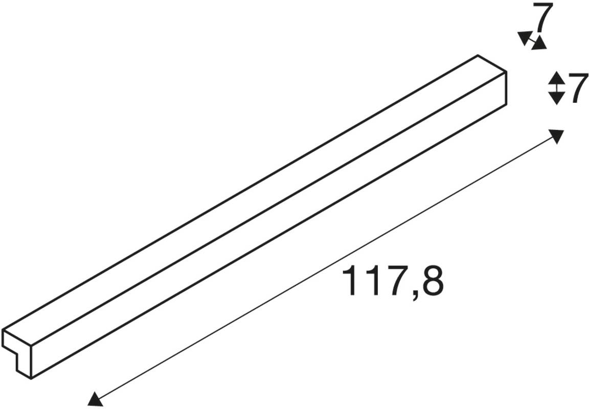 Diagram of a square rod. Length 117.8 units, width and height each 7 units, in perspective view.