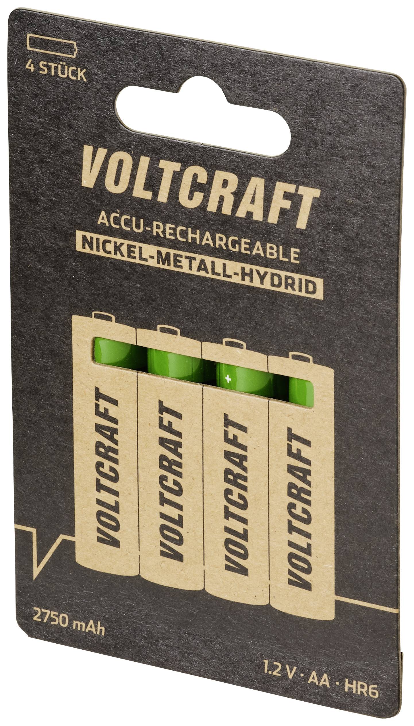 Packaging containing four rechargeable Voltcraft nickel-metal hydride batteries, capacity 2750 mAh, AA size.