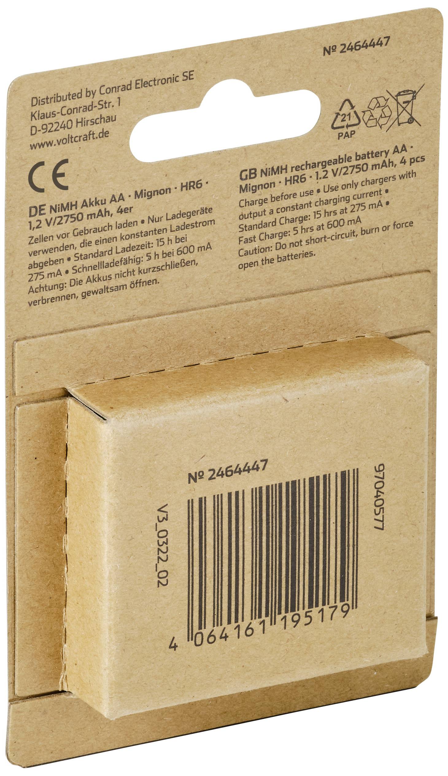 'Pack of 4 rechargeable AA batteries. Contains information about voltage, capacity, and manufacturer on the back.'