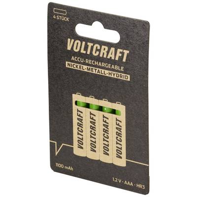 Packaging containing four rechargeable AAA batteries by Voltcraft. Nickel-Metal Hydride, 1100 mAh, 1.2 V.