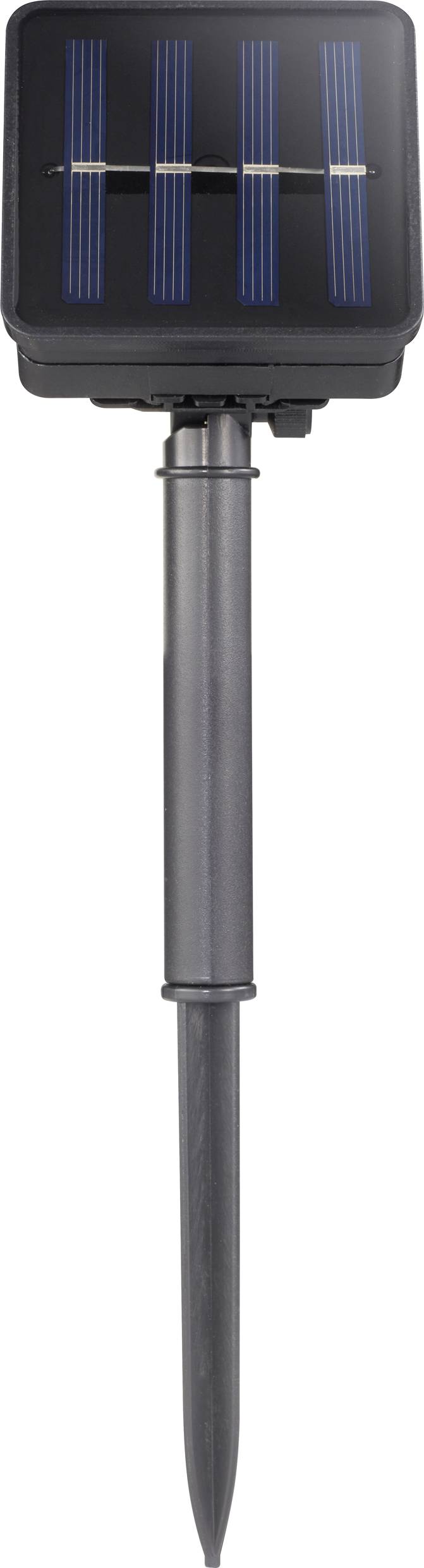 'Black solar panel with ground spike, mounted on a metal rod, suitable for electricity generation in outdoor areas.'
