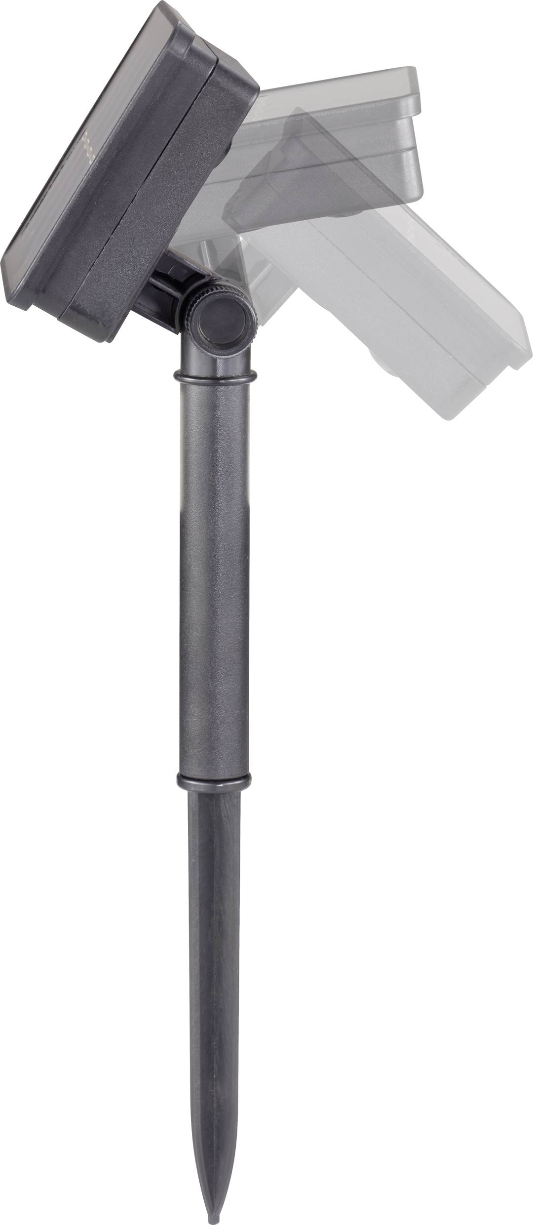 Solar lamp with adjustable solar panel and ground spike.