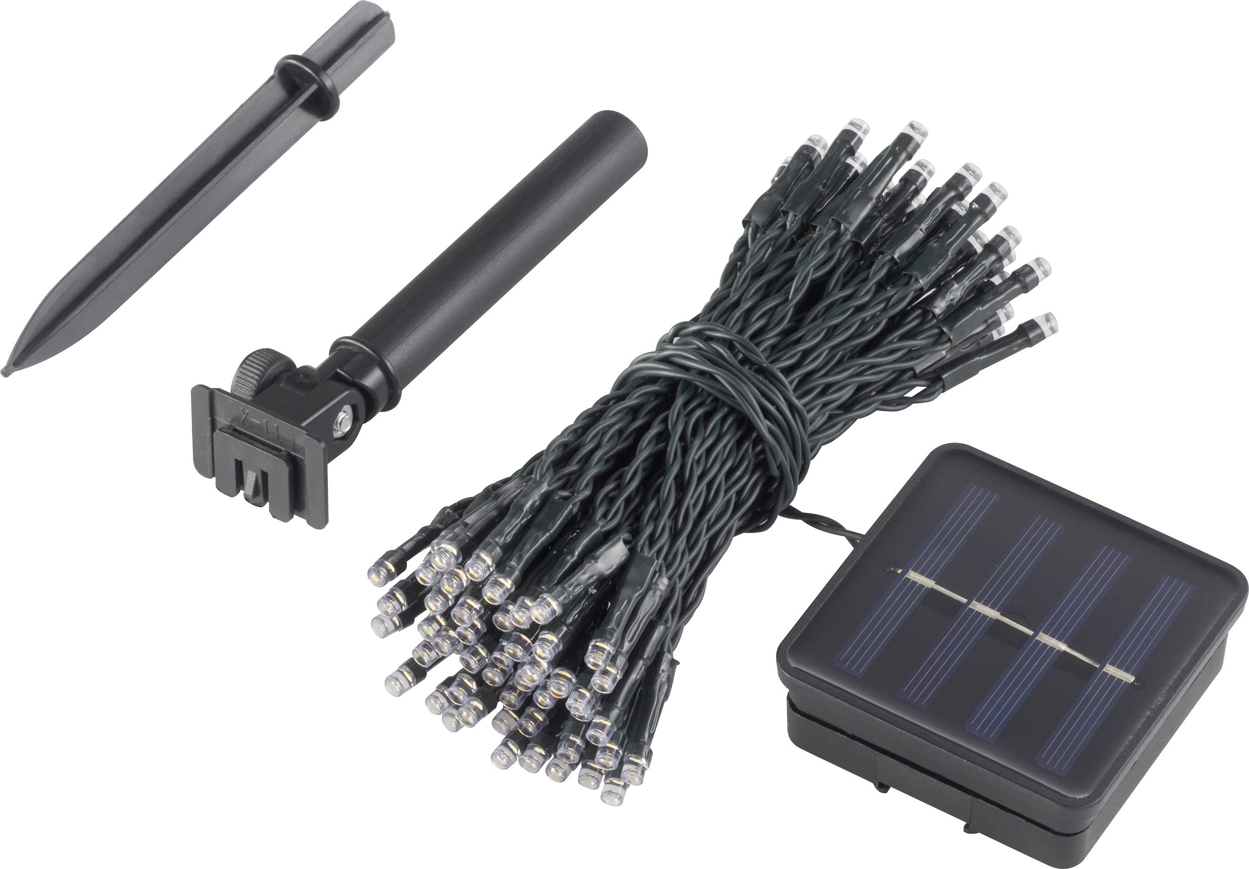 Solar Lamp Set: Bundle of green LED string lights with solar panel and ground spike for outdoor mounting.