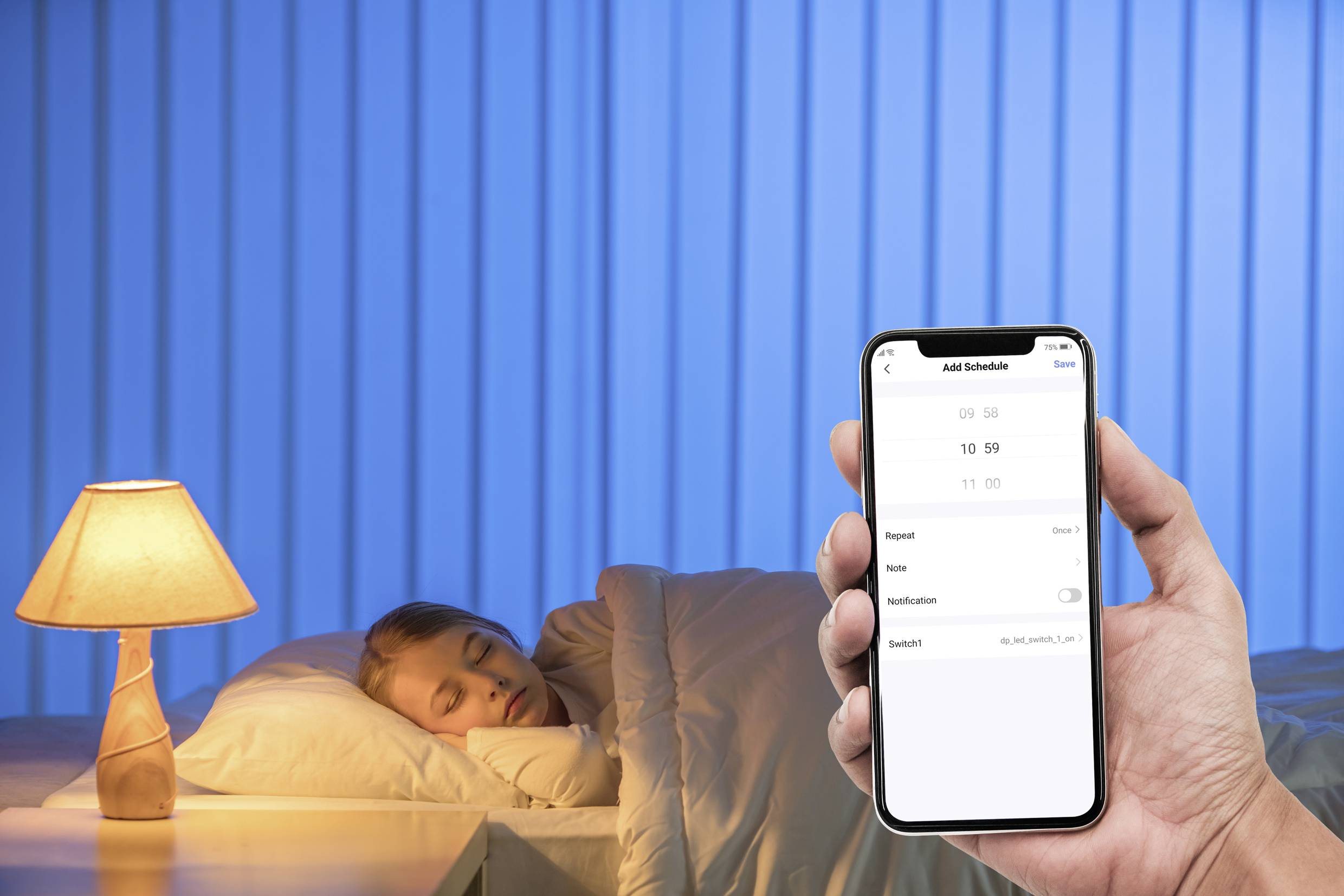 A person is sleeping in a bed, while a hand holds a smartphone with a time-setting app against a blue background.