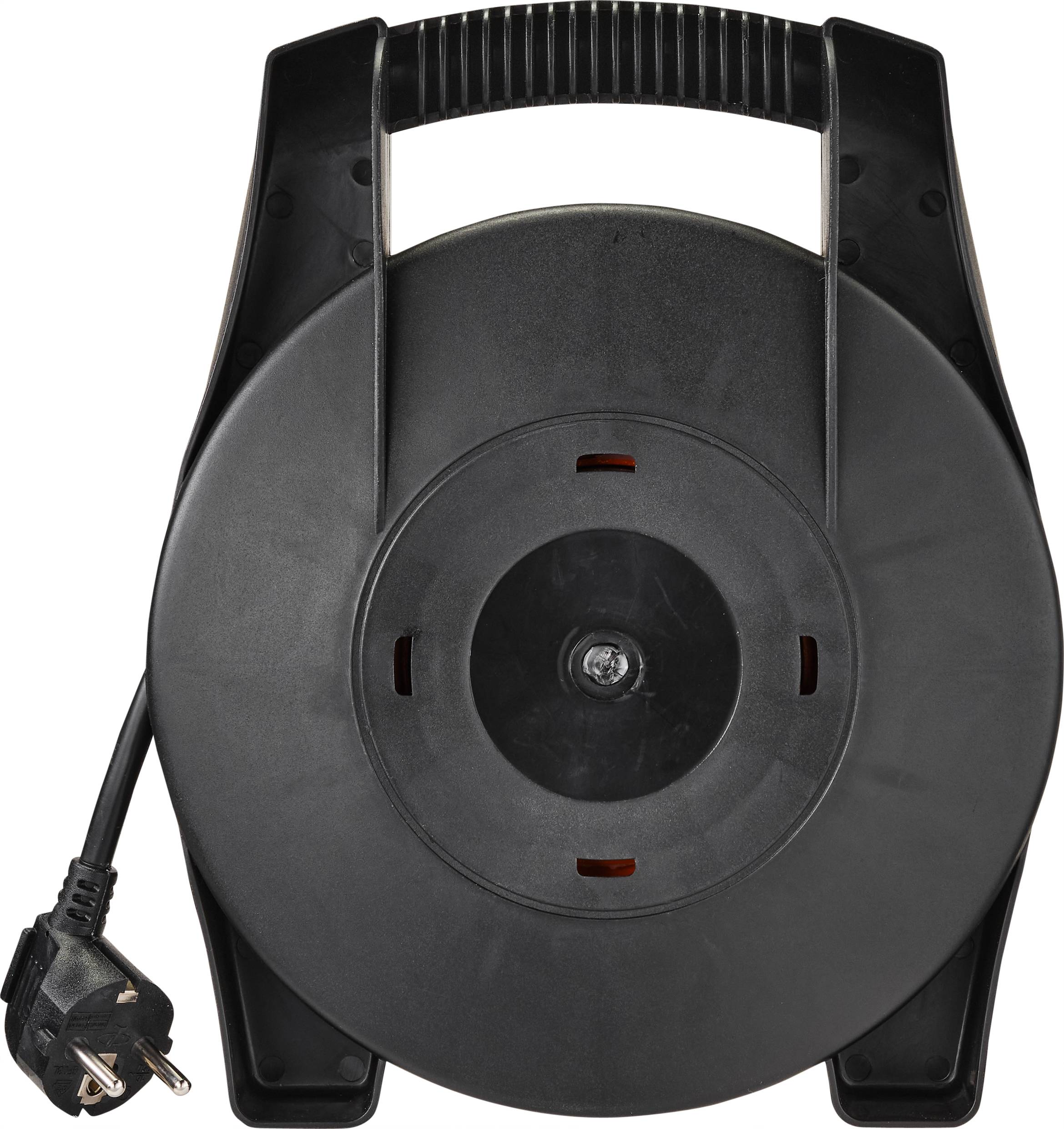 Black cable reel with carrying handle and socket, in a coiled state.