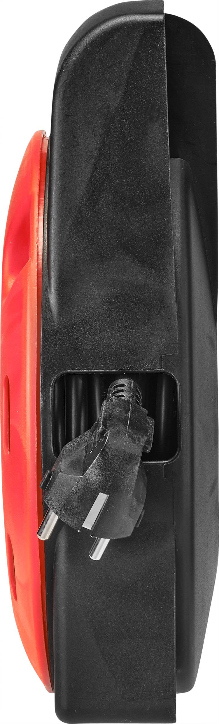 Side view of a black cable drum housing with orange elements, cable plugged in at the side.