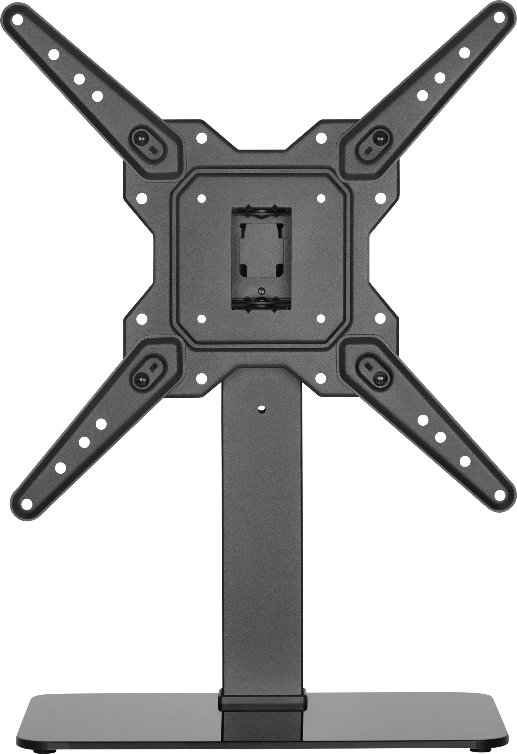 An adjustable TV stand with an X-shaped bracket for screens. It is made of black metal on a sturdy base.