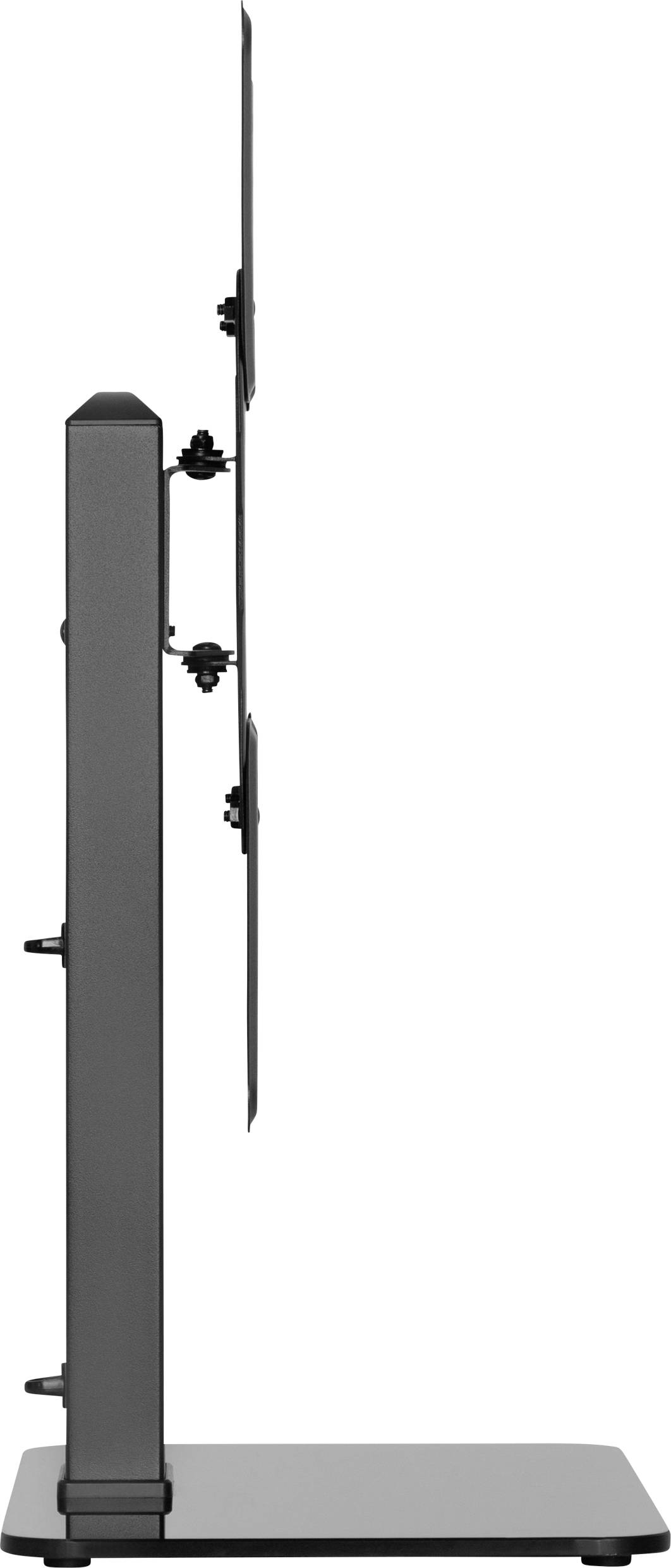 Side view of a sleek, black monitor stand. The stand supports two monitors vertically, suitable for office environments.