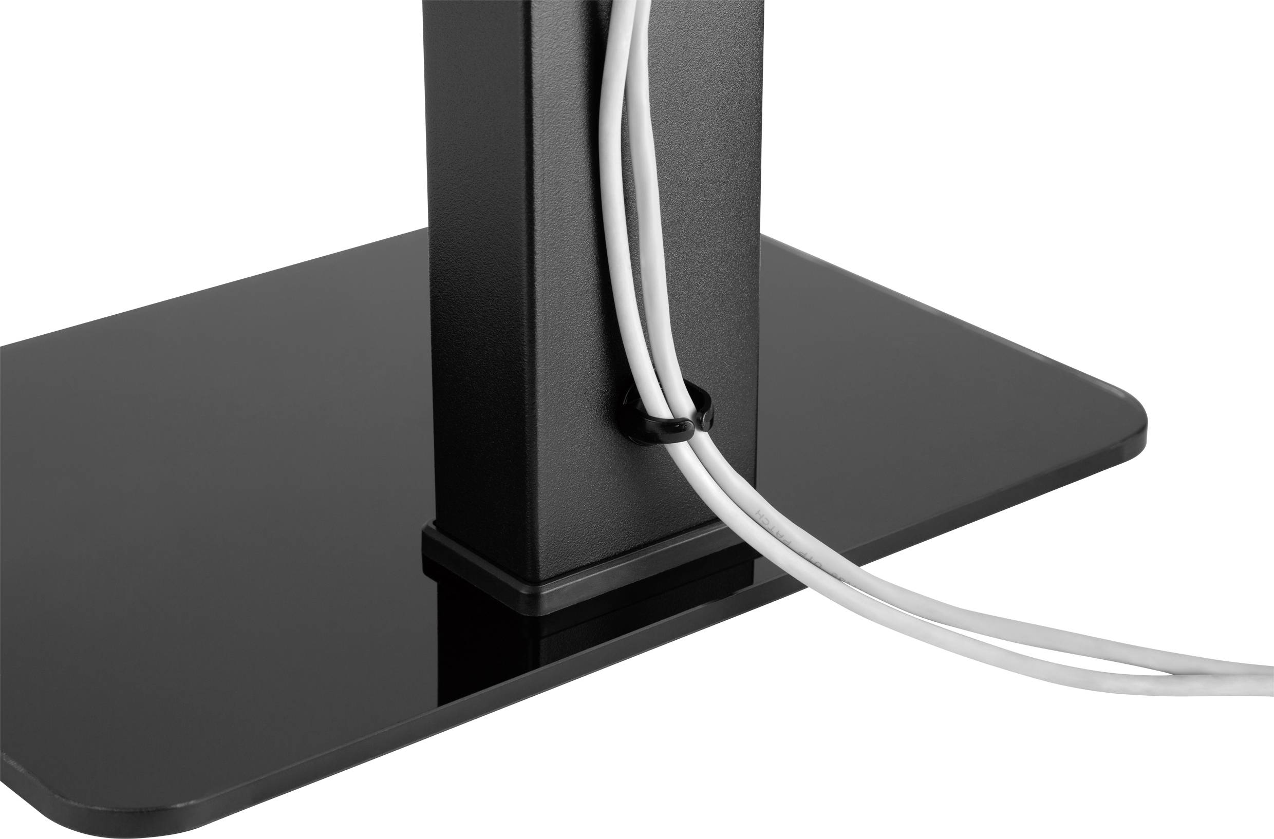Floor stand with two cables guided through a clamp on the base.