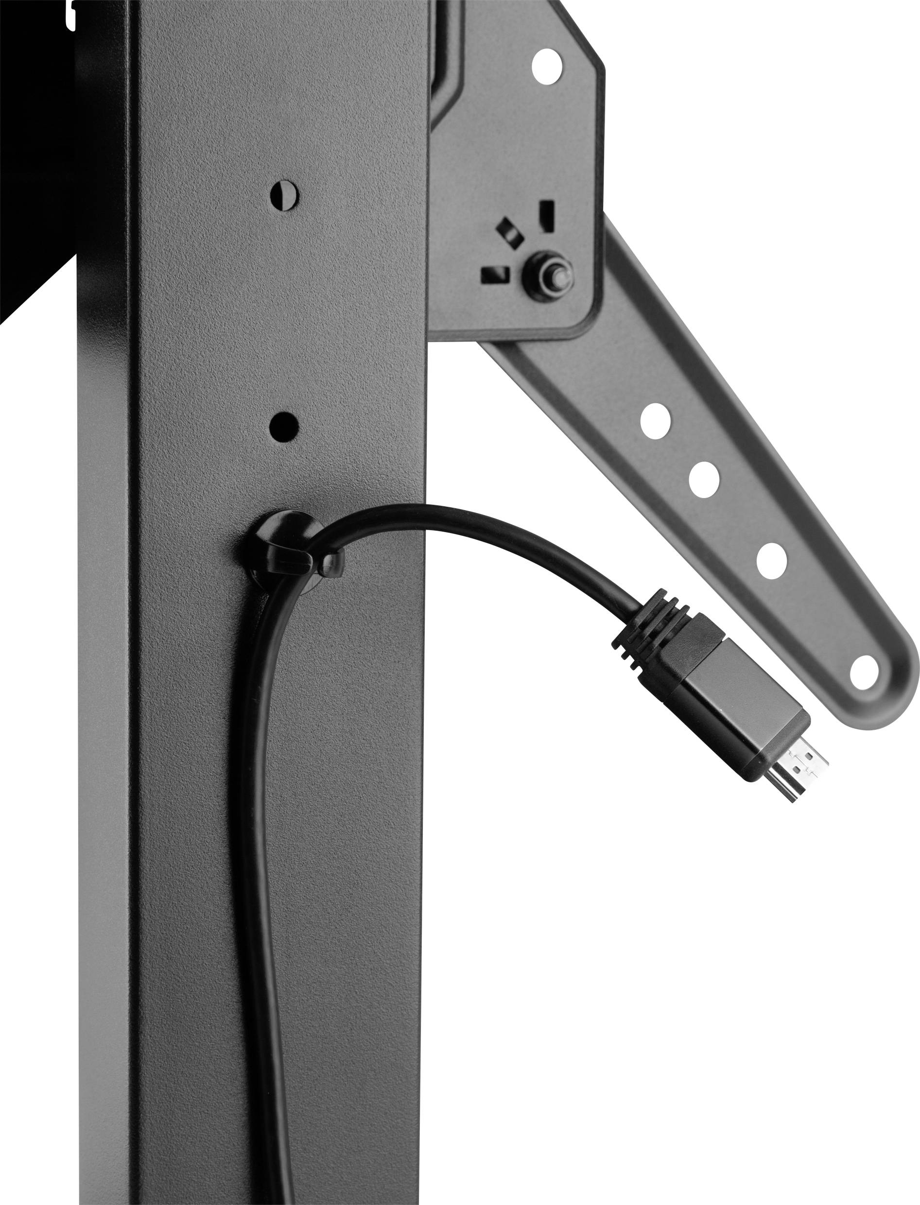 A black metal frame with a locked arm displays a threaded cable with an HDMI plug for connecting devices.