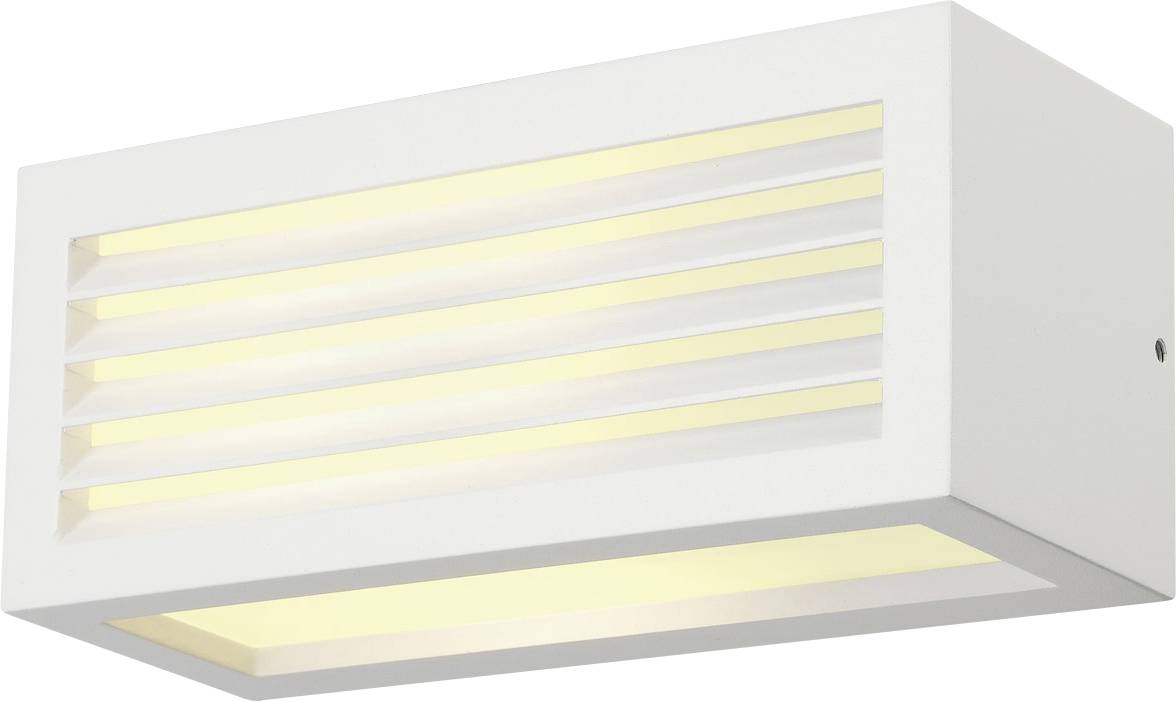 White, rectangular wall light with narrow, horizontal slits through which diffused warm light radiates.