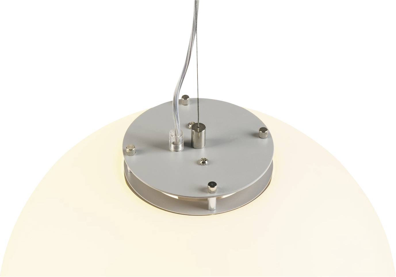 A round, suspended lamp in white design, secured by a metal ceiling mount and cable.
