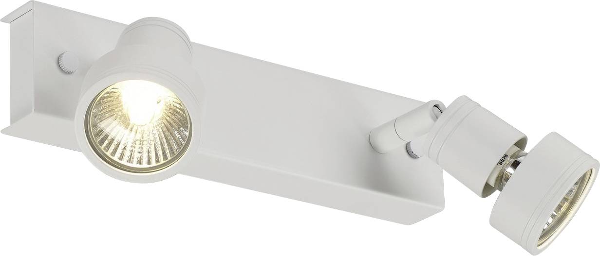 White ceiling light with two adjustable spots that emit warm light. Ideal for targeted lighting in living areas.