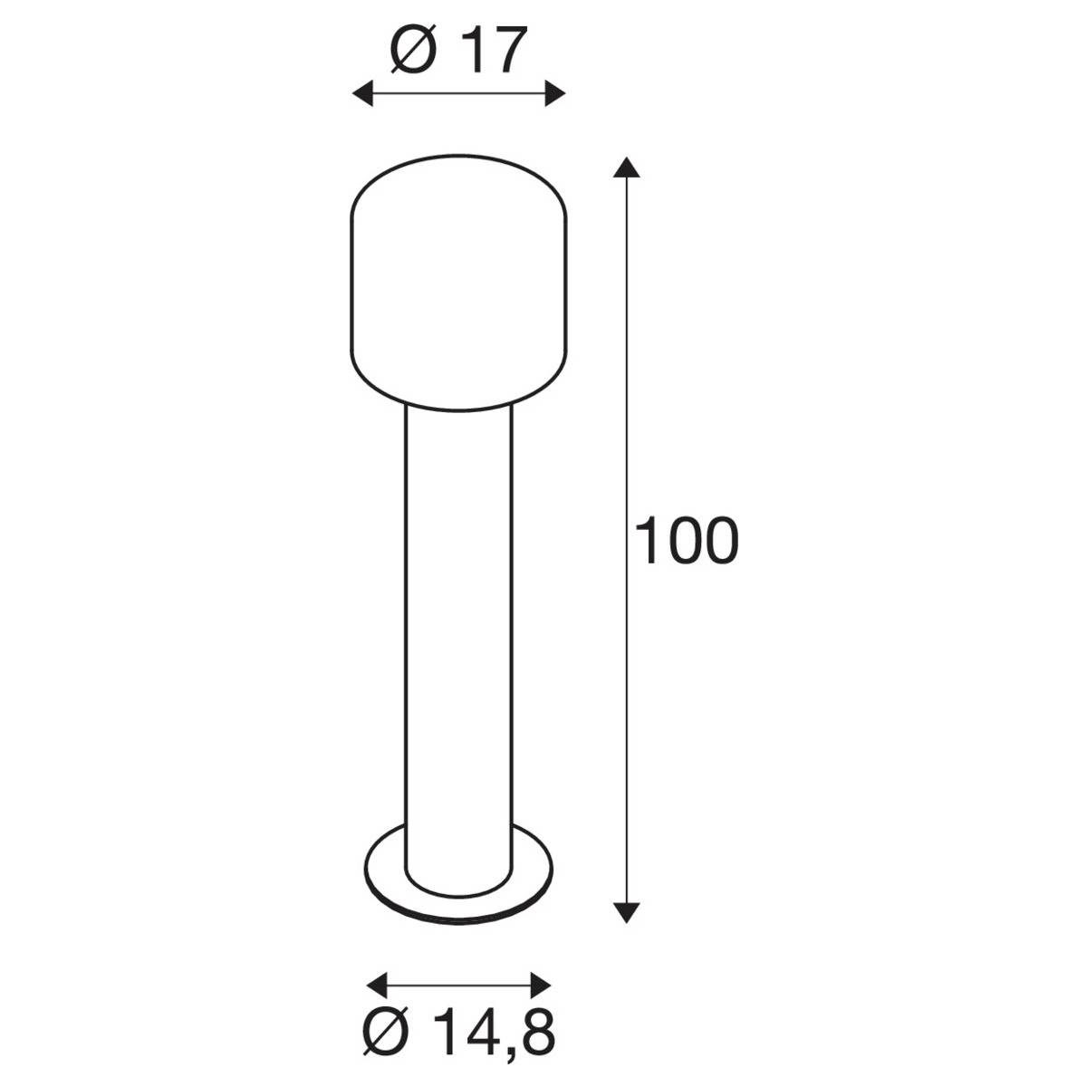 'Technical drawing of a cylindrical object with a diameter of 17 cm at the top and 14.8 cm at the bottom. Height: 100 cm.'