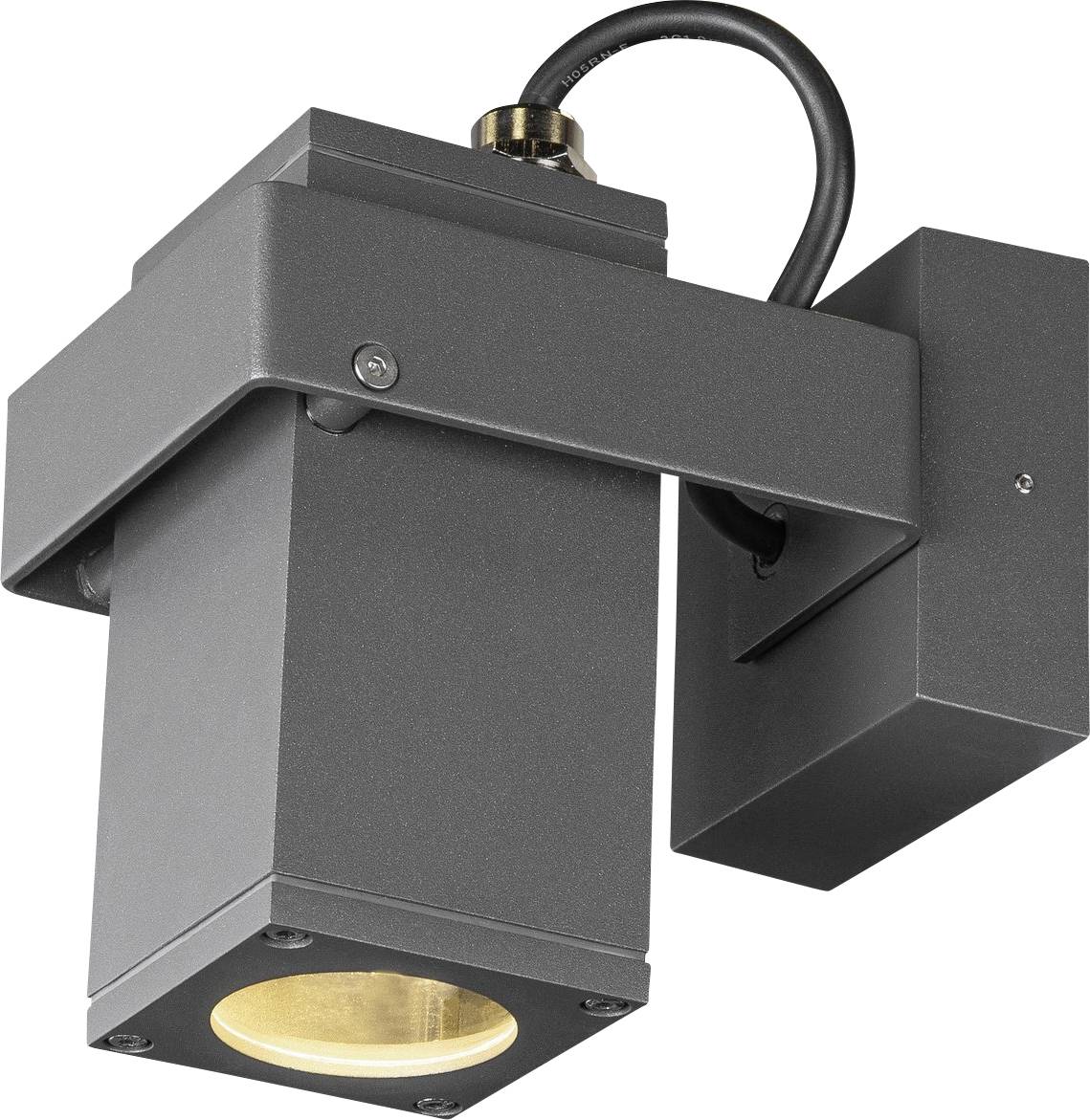 Exterior wall light in a modern, rectangular design, dark grey, with a downward-facing light cone.