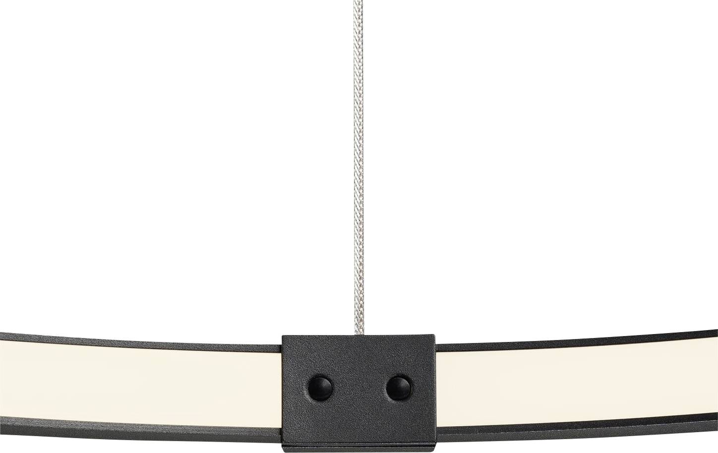 A modern, semi-circular light panel with a black frame is suspended from a silver cable.