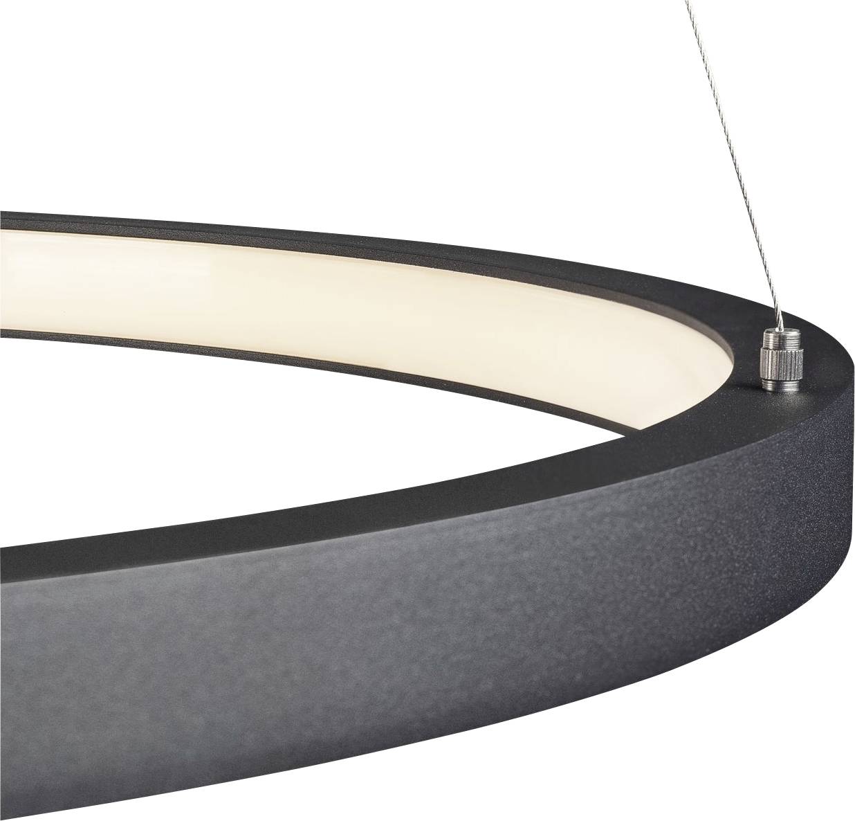 A black, round frame with an integrated LED light strip, suspended from a wire cable, demonstrates a modern lighting style.