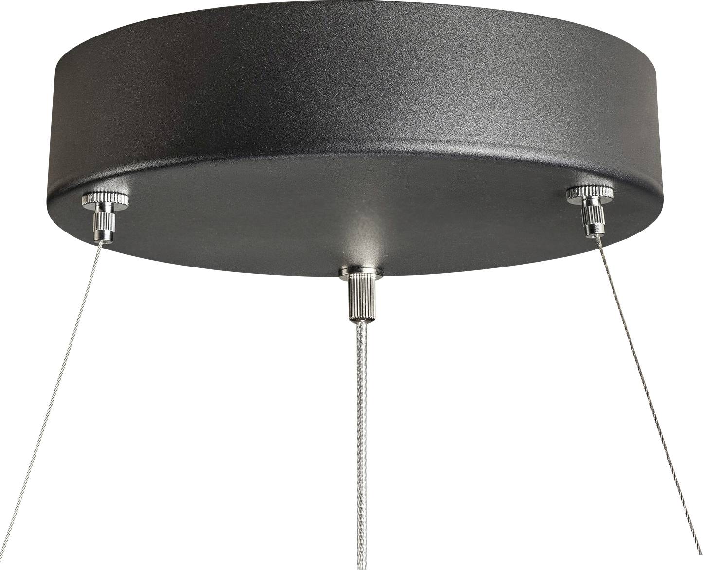 Round, black ceiling canopy with three cable fixings, suitable for suspending light fittings.