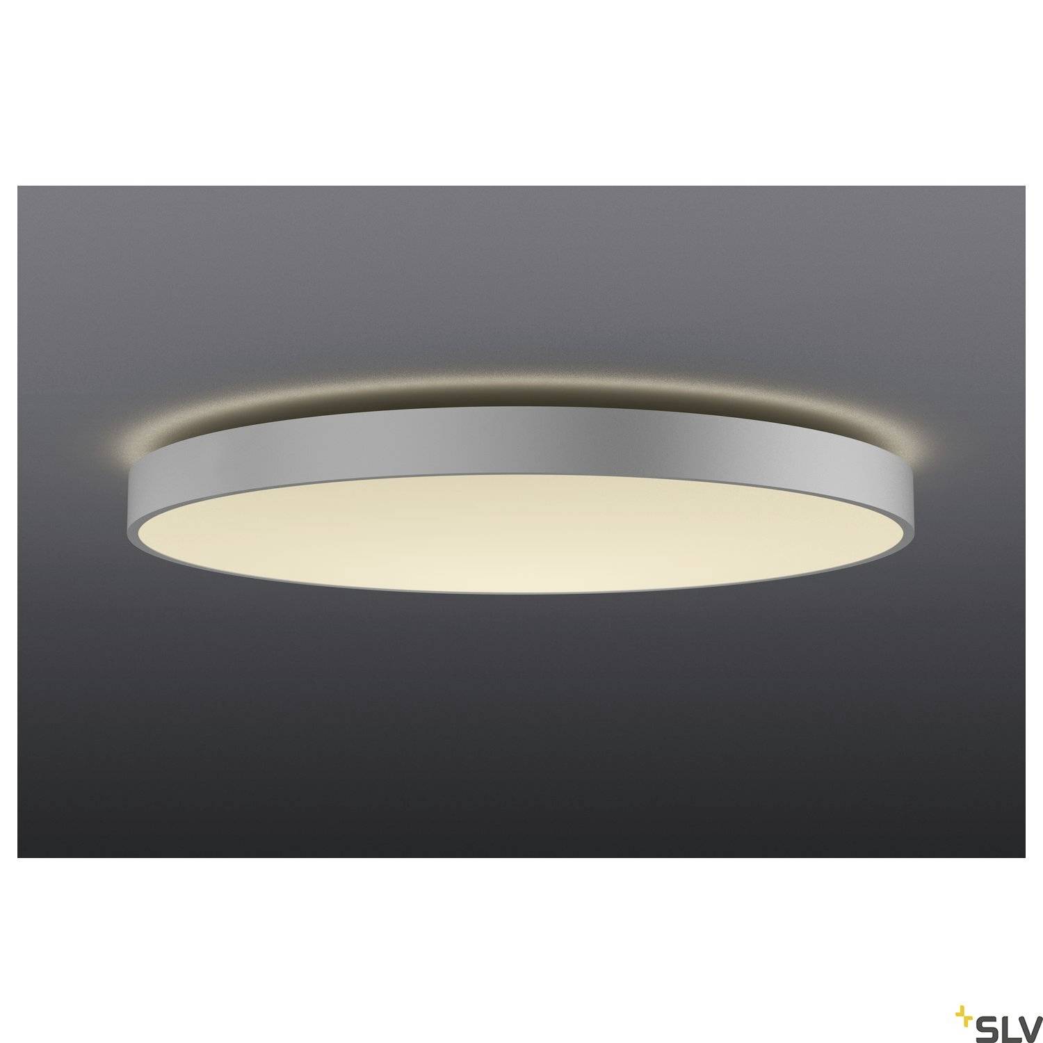 Round ceiling light with minimalist design, silver trim and soft, even illumination, mounted on a dark ceiling.