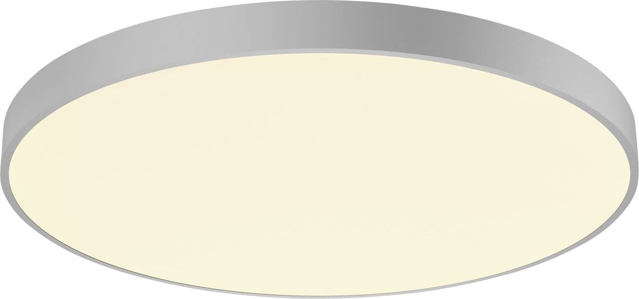 Round ceiling light with a silver frame and warm white illuminated surface. Perfect for contemporary interiors.