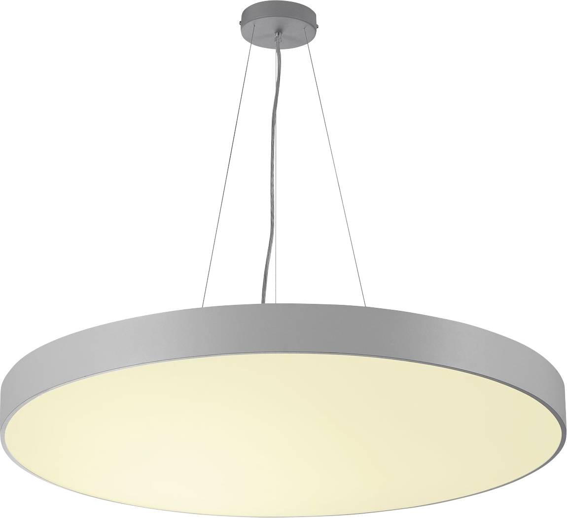 A modern, round ceiling light with a white, luminous shade, suspended on thin cables in a simple, elegant design.